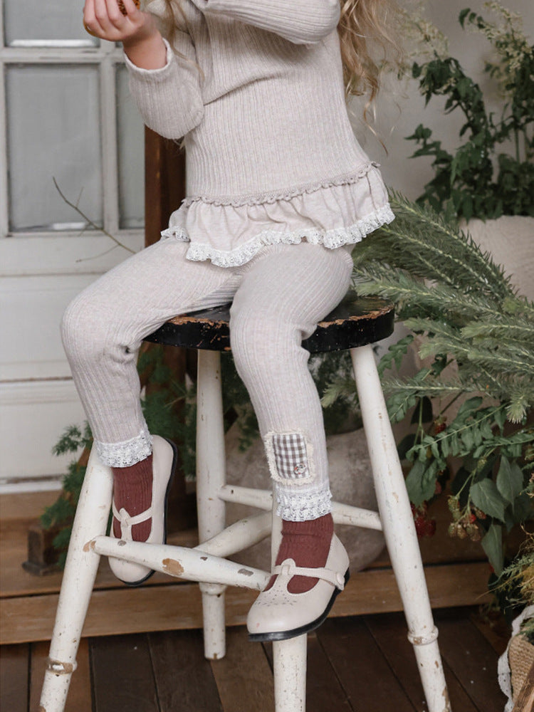 レース裾チェックパッチワークレギンス（lace hem checked patch