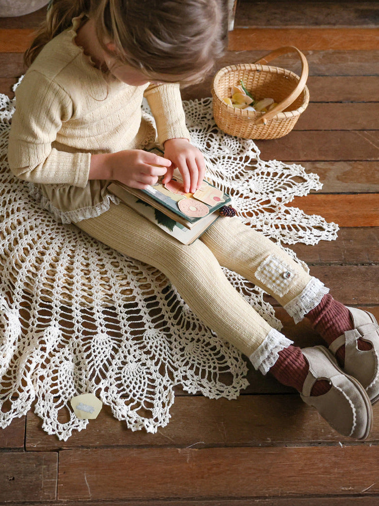 レース裾チェックパッチワークレギンス（lace hem checked patch
