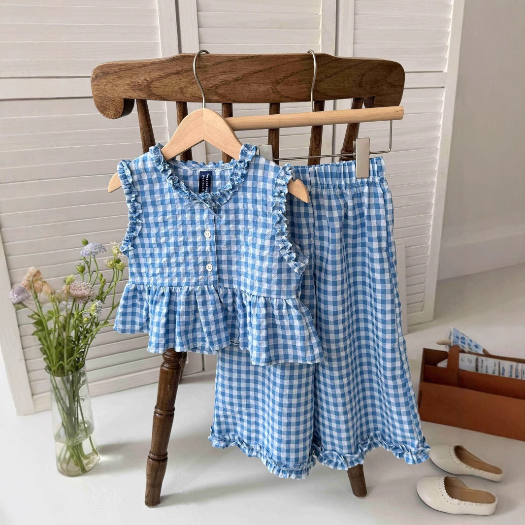 organiczoo ブルー　ギンガム　チェック　上下セット ギンガムチェックのフリルセットアップ（gingham check ruffle setup