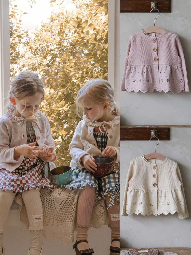 裾レースペプラムニットカーディガン（scalloped lace hem knit