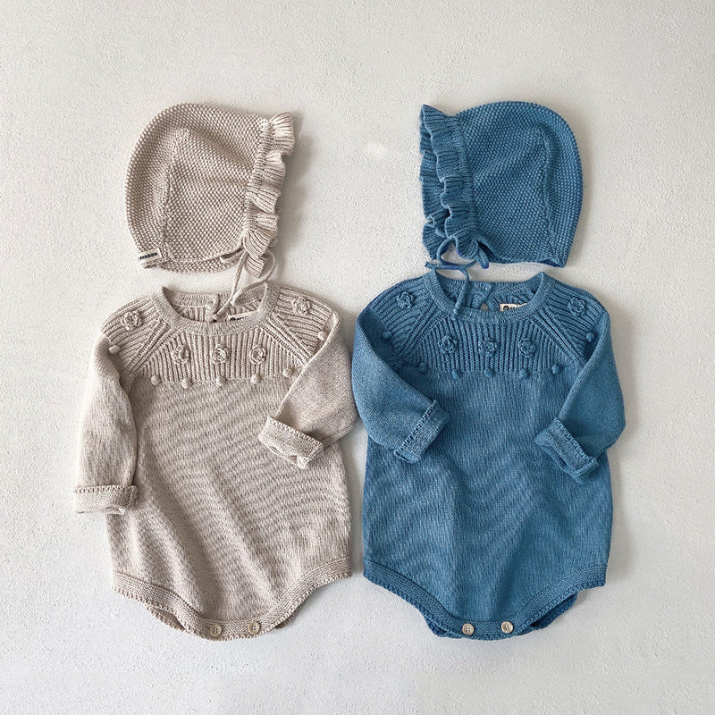 フラワーモチーフニットロンパース＆ボンネットセット（flower motif