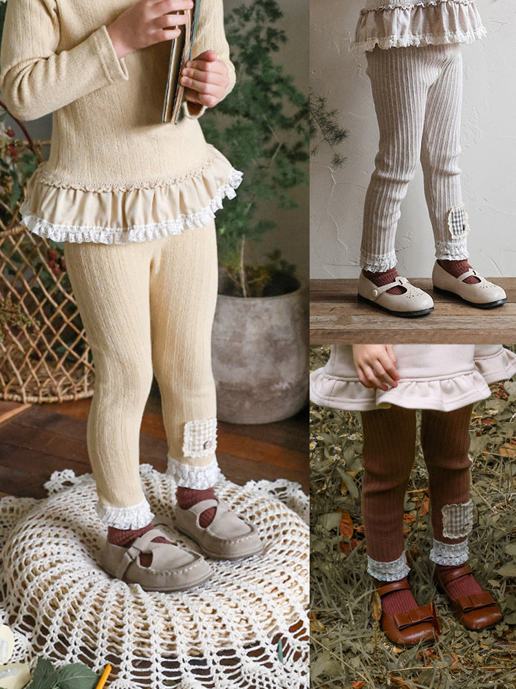レース裾チェックパッチワークレギンス（lace hem checked patch