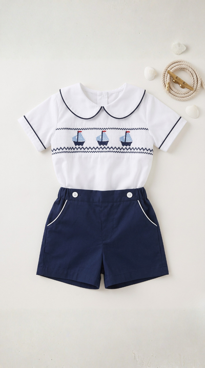 【残り2点】ヨット刺繍 スモッキングマリンセットアップ（yacht embroidered smocking marine set-up）10052604