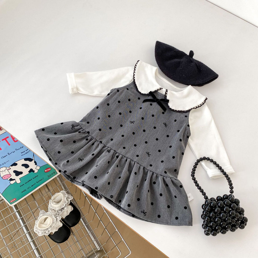 ribbon dot jumper skirt & lace piping peter pan collar blouse