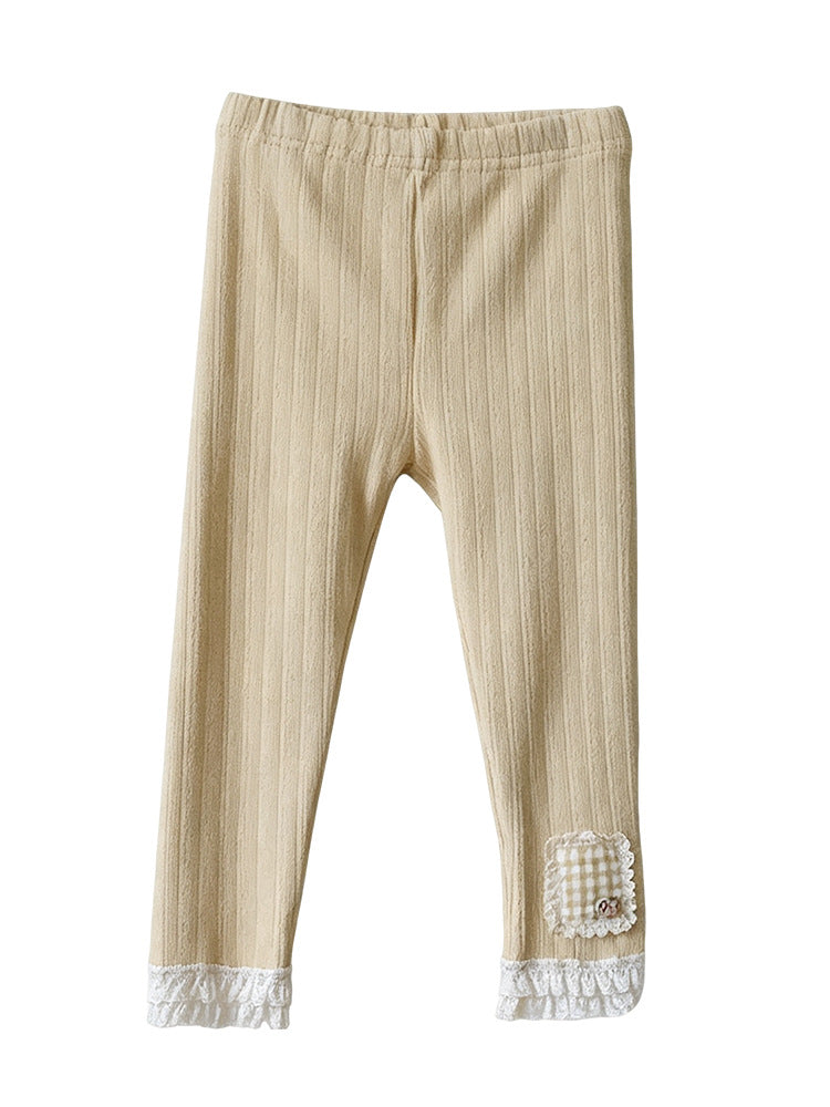 レース裾チェックパッチワークレギンス（lace hem checked patch