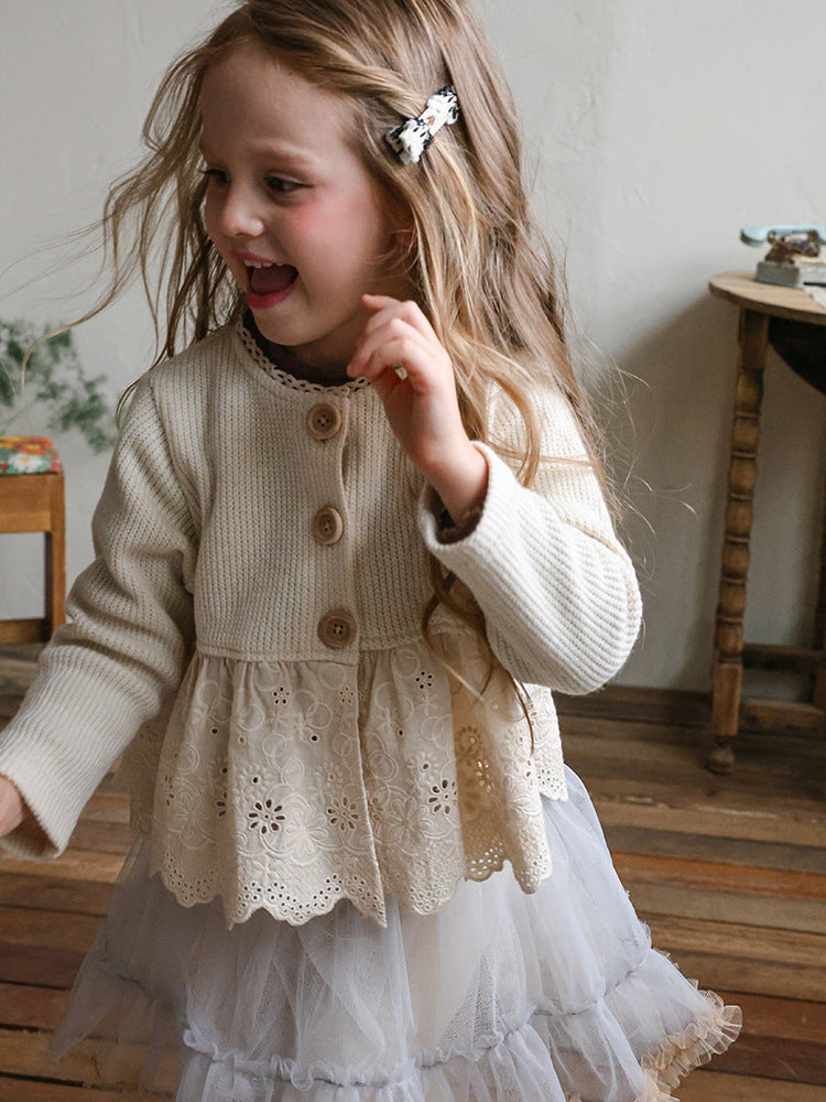 裾レースペプラムニットカーディガン（scalloped lace hem knit