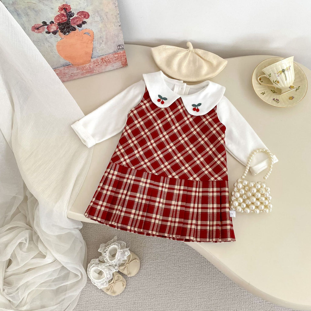 cherry blouse & plaid jumper skirt set